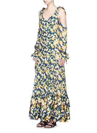 Figure View - Click To Enlarge - 73437 - Camouflage print cold shoulder satin maxi dress