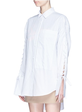 Front View - Click To Enlarge - 73437 - Lace-up sleeve stripe oversized shirt