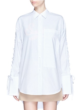 Main View - Click To Enlarge - 73437 - Lace-up sleeve stripe oversized shirt