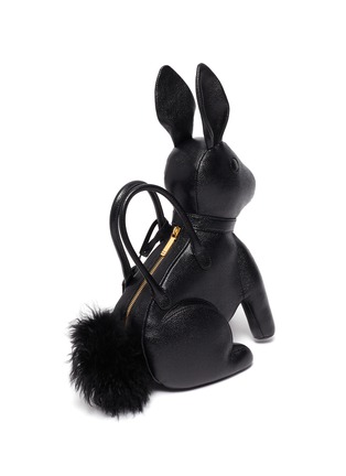 Detail View - Click To Enlarge - THOM BROWNE - Fur pom pom pebble grain leather rabbit bag with knit sweater