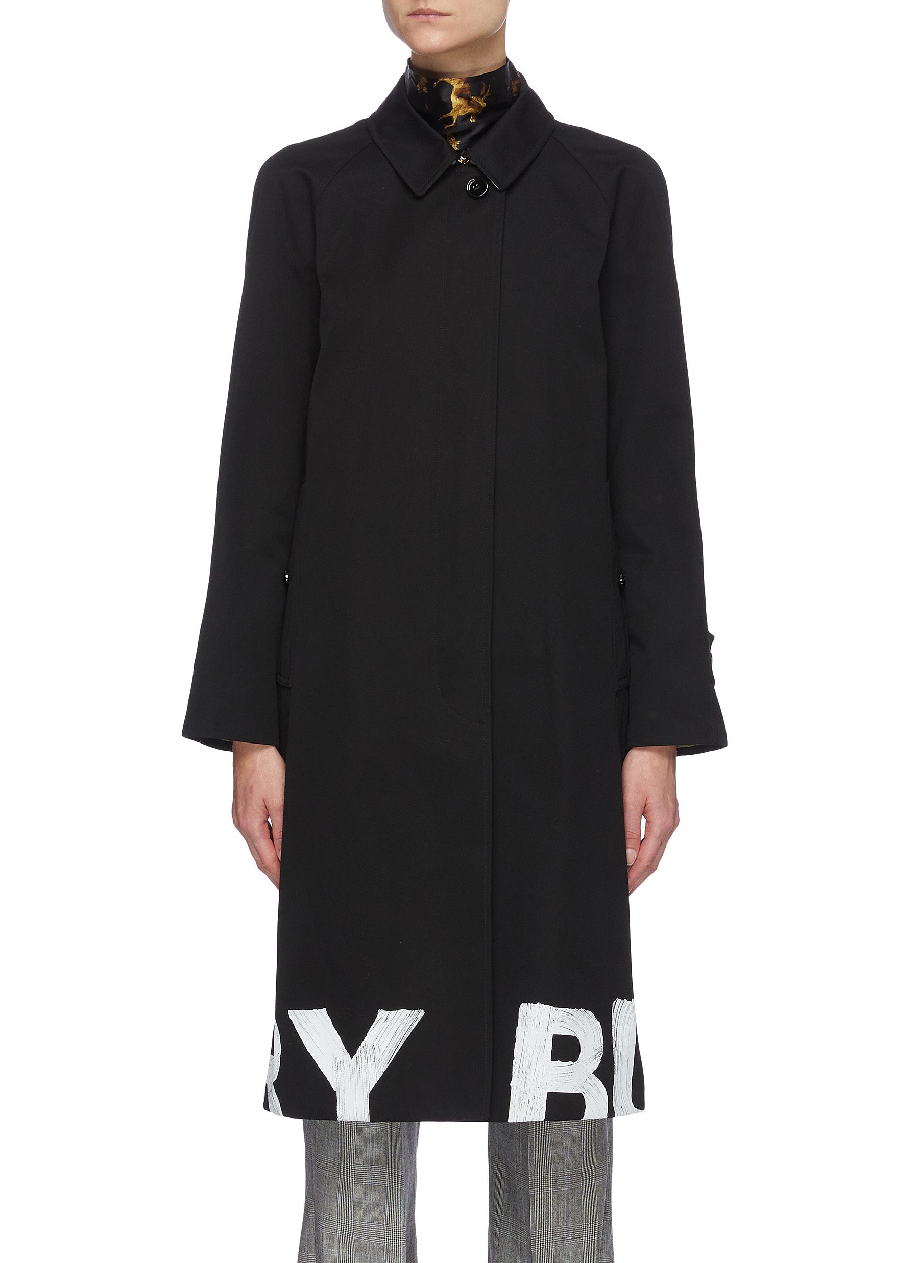 Burberry Graffiti Logo Hem Cotton Gabardine Long Coat In Black