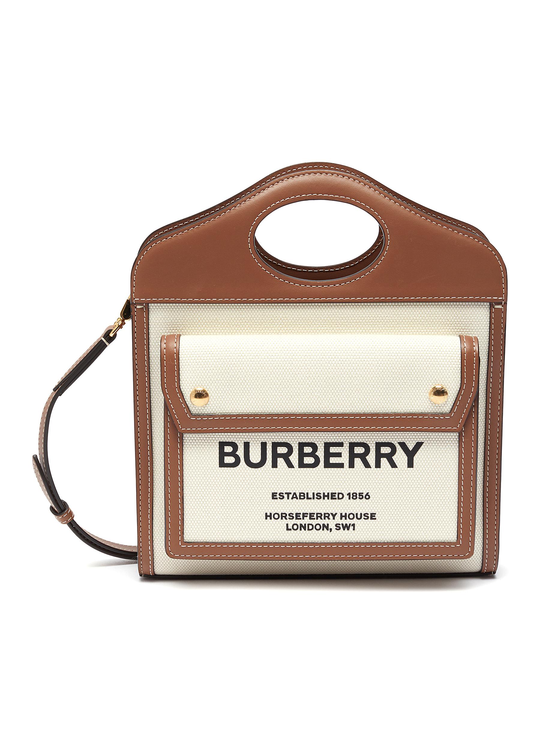 Click to view more detailed imagery on our partner's website Burberry 'pocket' Logo Leather Canvas Mini Handle Bag In Neutral,brown