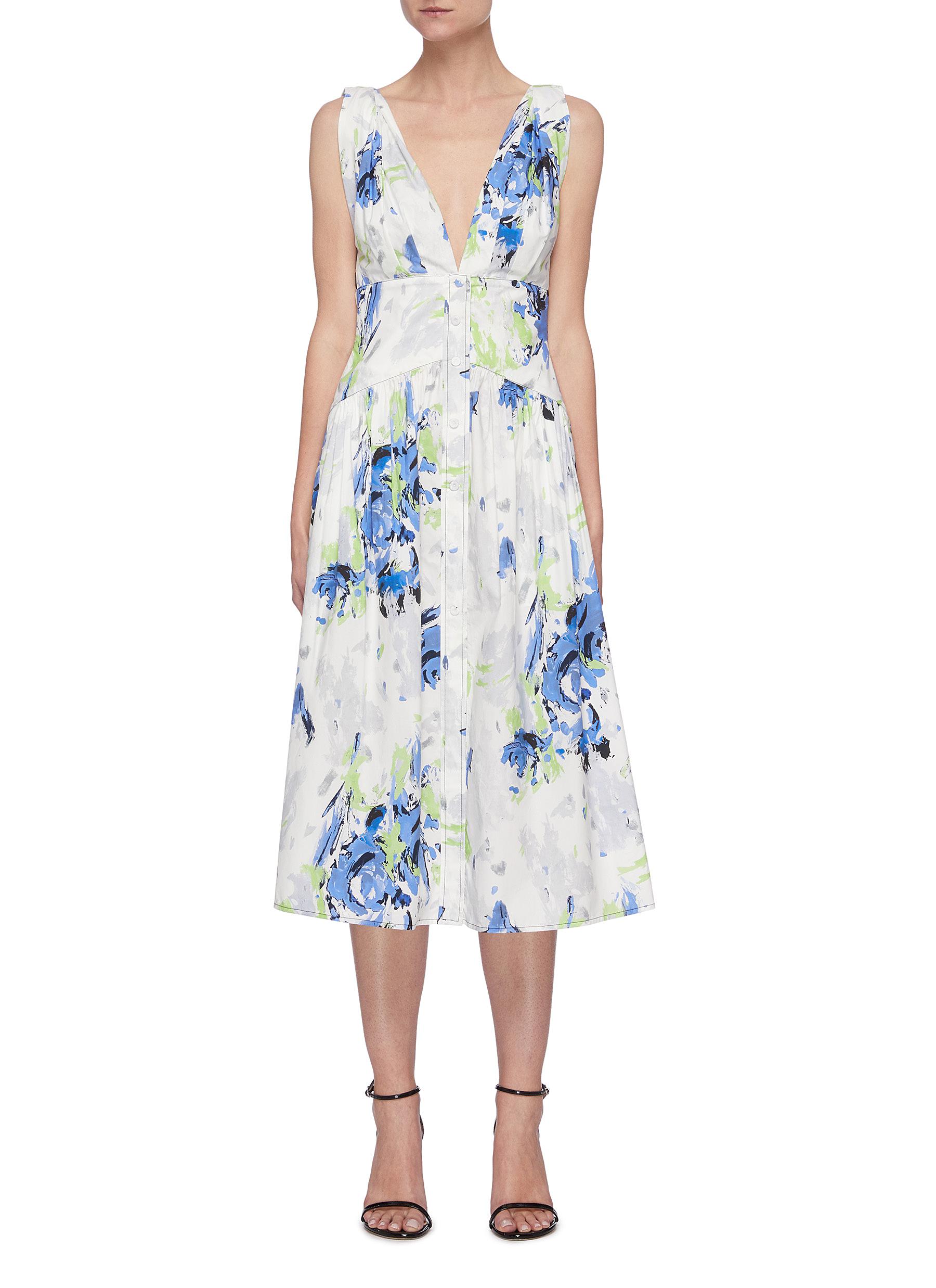 Floral Print V-neck Cotton Midi Dress