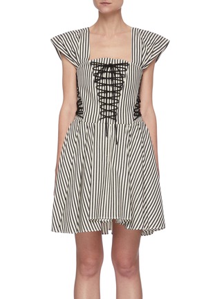 Main View - Click To Enlarge - PHILOSOPHY DI LORENZO SERAFINI - Off Shoulder Lace Up Front Stripe Cotton Blend Mini Dress