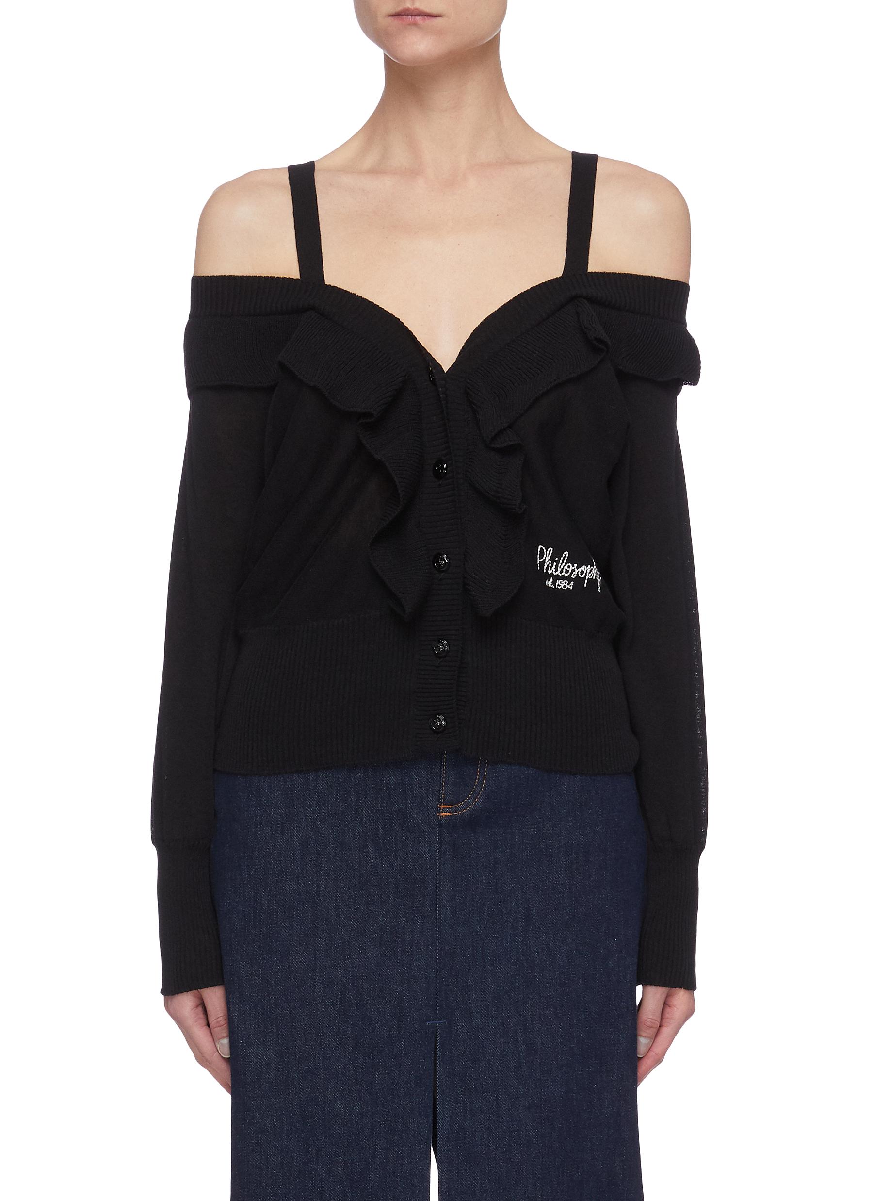 Ruffle Off Shoulder Logo Embroidered Top
