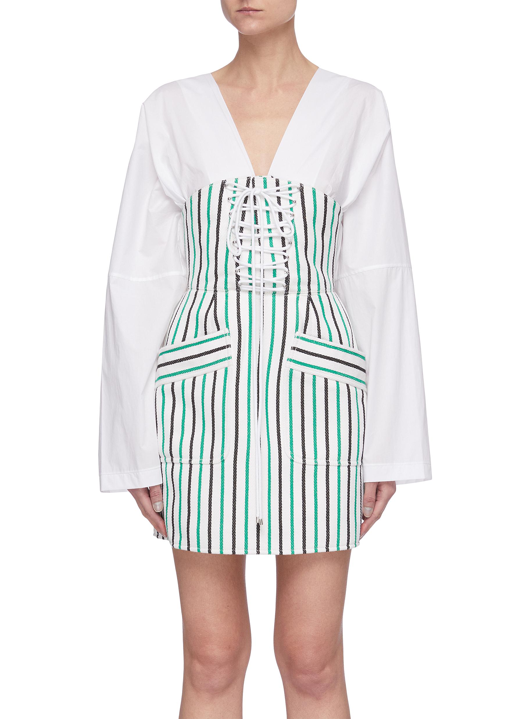 Stripe Bodice V-neck Puff Sleeve Cotton Mini Dress