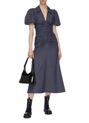 Figure View - Click To Enlarge - GANNI - Balloon Sleeve Ruch Bodice Pinstripe Midi Dress