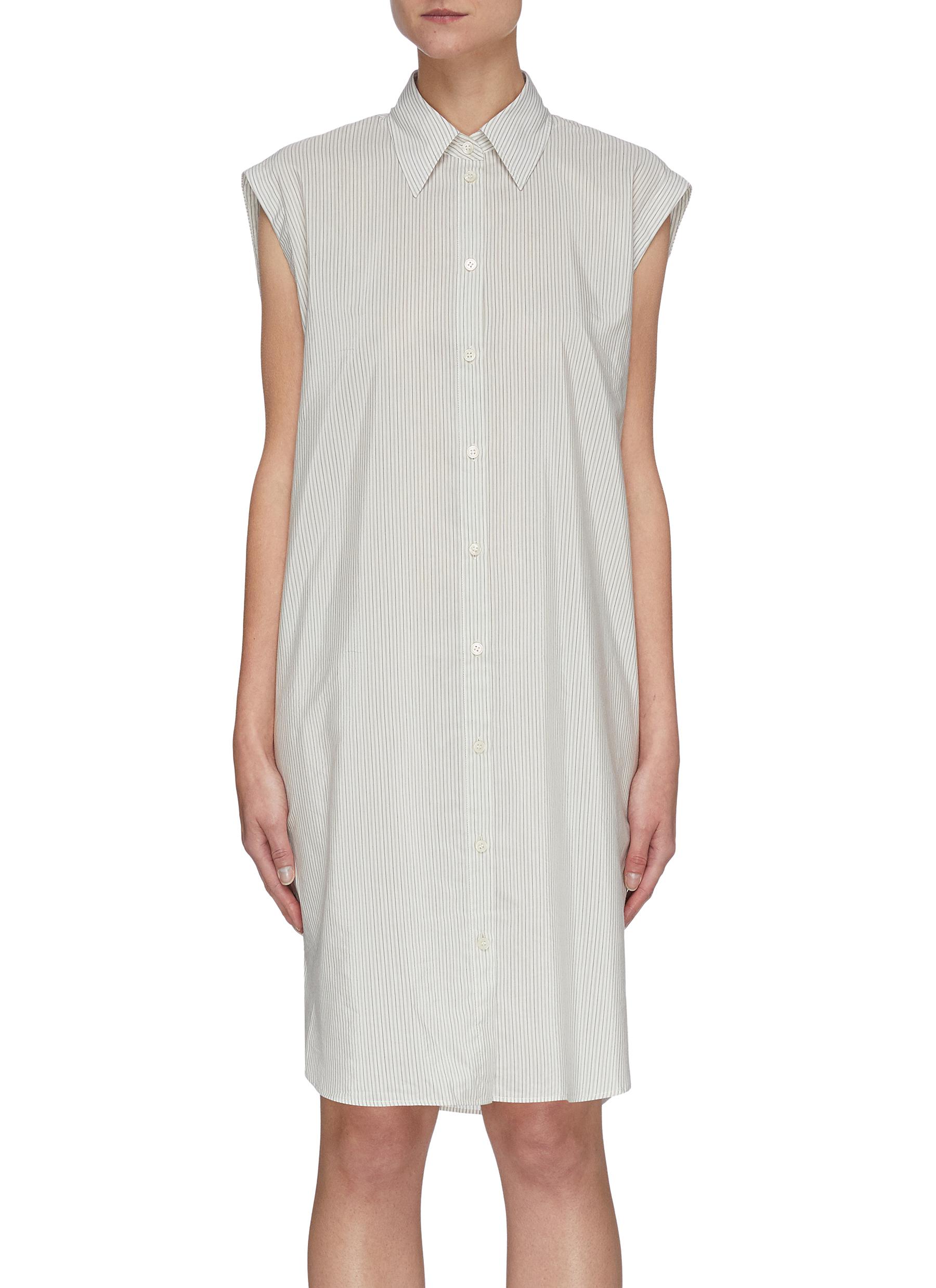 Stripe Sleeveless Cotton Blend Shirt Dress