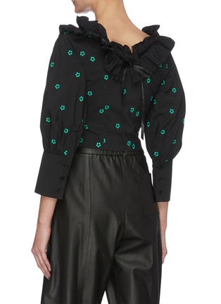Back View - Click To Enlarge - MING MA - Ruffle Neck Puffer Sleeve Floral Embroidered Blouse