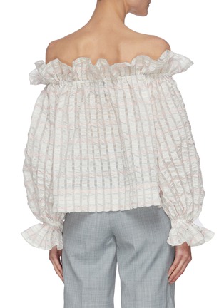 Back View - Click To Enlarge - MING MA - Off Shoulder Ruffle Trim Check Blouse