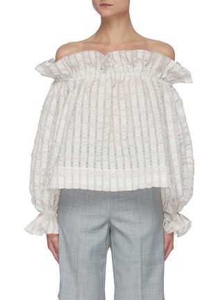Main View - Click To Enlarge - MING MA - Off Shoulder Ruffle Trim Check Blouse