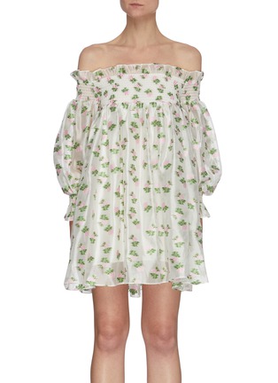 Main View - Click To Enlarge - MING MA - Off Shoulder Floral Print Mini Dress