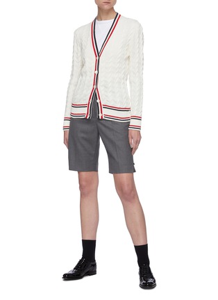 Figure View - Click To Enlarge - THOM BROWNE - Tricolour Stripe Trim Cable Knit Cardigan