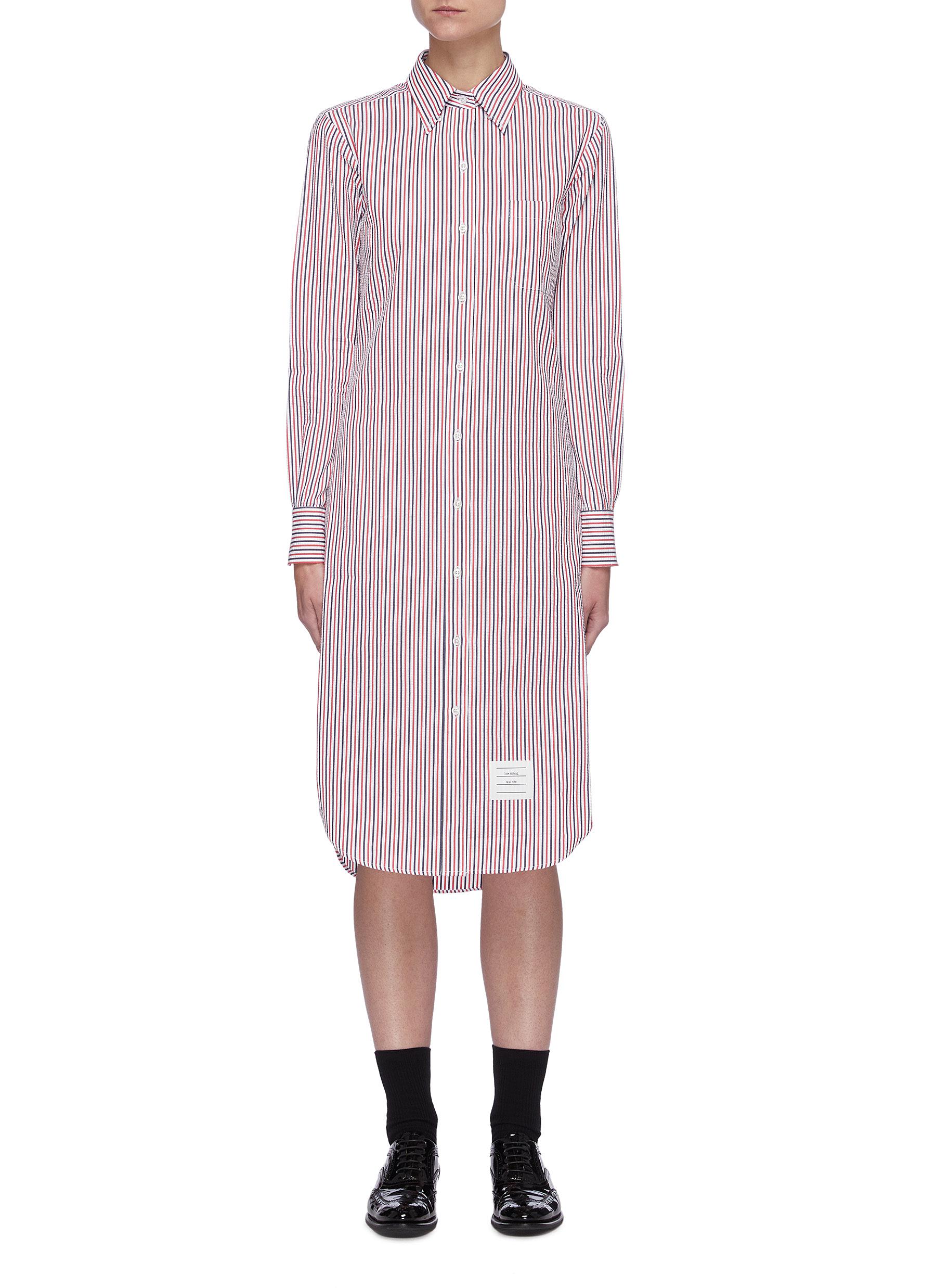 THOM BROWNE CURVED HEM STRIPE COTTON SHIRT DRESS