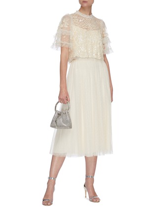 Figure View - Click To Enlarge - NEEDLE & THREAD - Kisses' Tonal Cross Embroidered Pleated Skirt