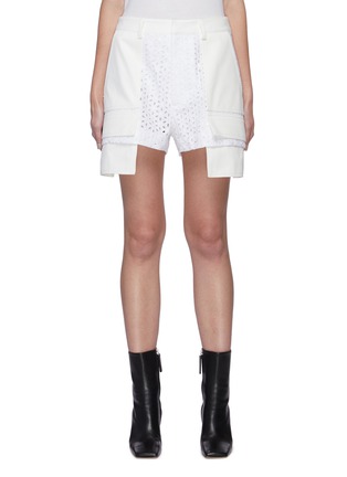 Main View - Click To Enlarge - MONSE - Contrast Patch Pocket Floral Eyelet Shorts
