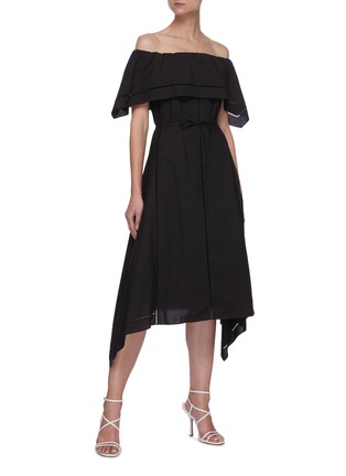 Figure View - Click To Enlarge - THEORY - Handkerchief Hem Eyelet Detail Off-shoulder Cotton Midi Dress