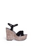 Main View - Click To Enlarge - SAINT LAURENT - 'Candy' suede bow glitter wedge sandals