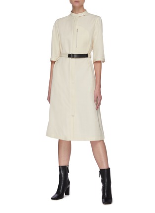 Figure View - Click To Enlarge - JIL SANDER - Belted Zip Front Slit Sleeves Midi Dress
