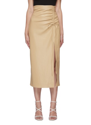 Main View - Click To Enlarge - NANUSHKA - 'Malorie' Ruch Tie Detail Vegan Leather Midi Skirt