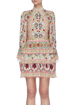 Main View - Click To Enlarge - ALICE & OLIVIA - 'Lawson' Floral Print Lace Trim Tiered Mini Dress
