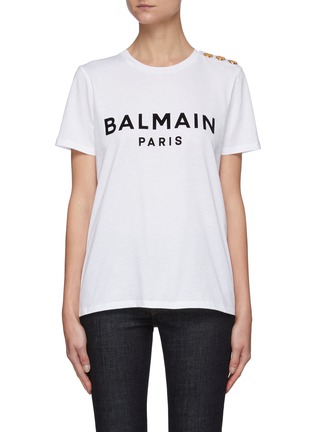 Main View - Click To Enlarge - BALMAIN - Logo Embossed Button Shoulder Logo Print T-shirt