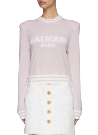 Main View - Click To Enlarge - BALMAIN - Logo Jacquard Stripe Trim Wool Cashmere Blend Crop Sweater