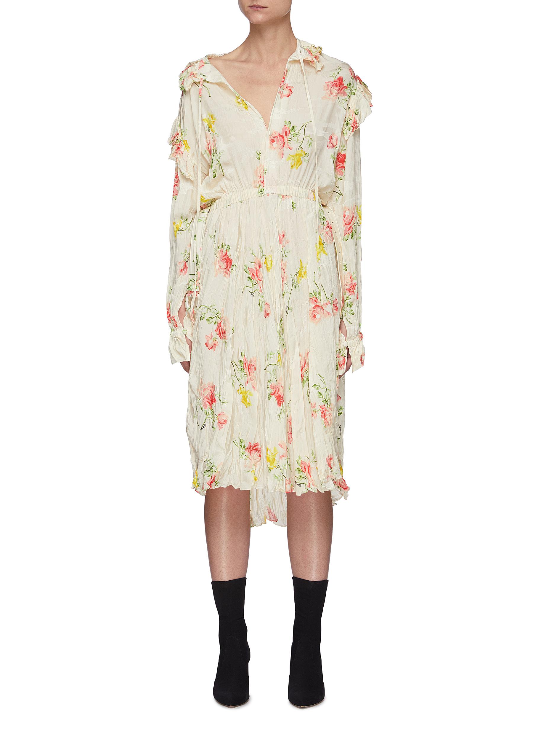 BALENCIAGA | Ruffled Shoulder Vintage Floral Print Silk Dress 