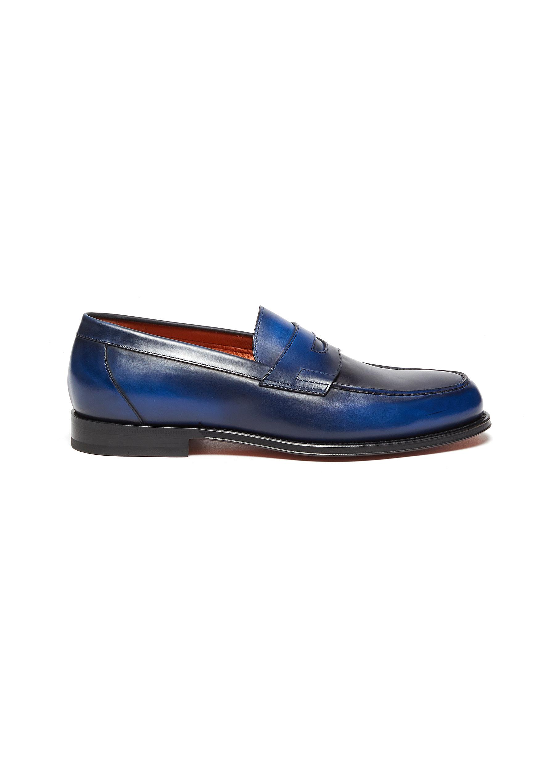 Santoni Leather Penny Loafers In Blue