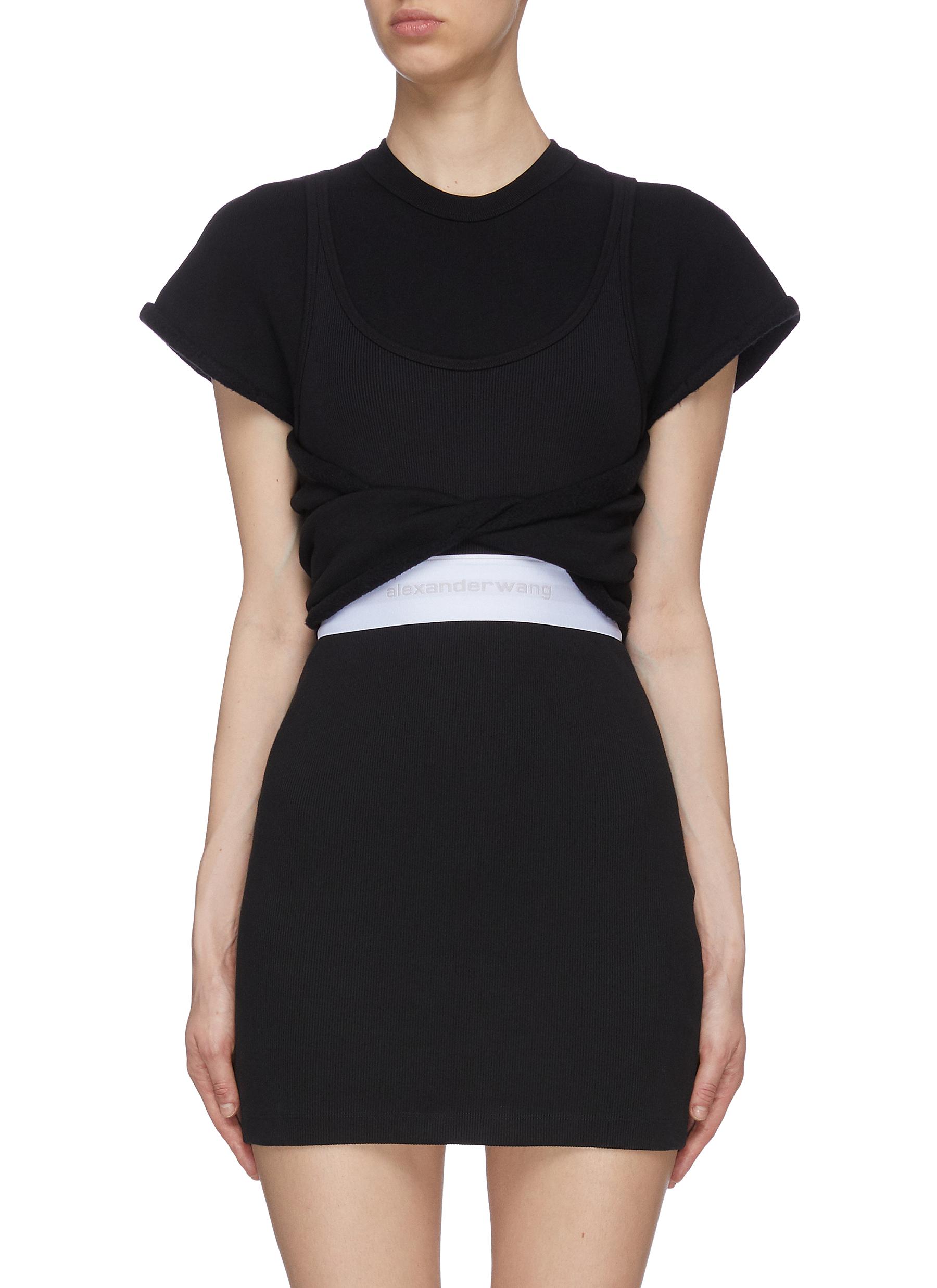 ALEXANDER WANG T CONTRAST BRANDED BAND FRONT TWIST LAYERED MINI DRESS