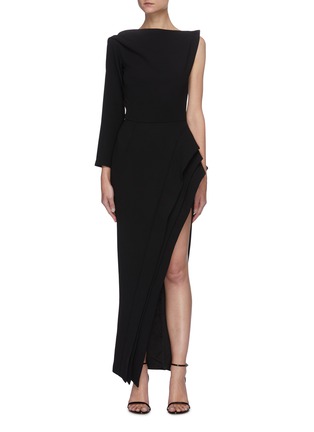Main View - Click To Enlarge - MATICEVSKI - 'Pinnacle' Draped Boatneck One-shoulder Thigh Slit Gown