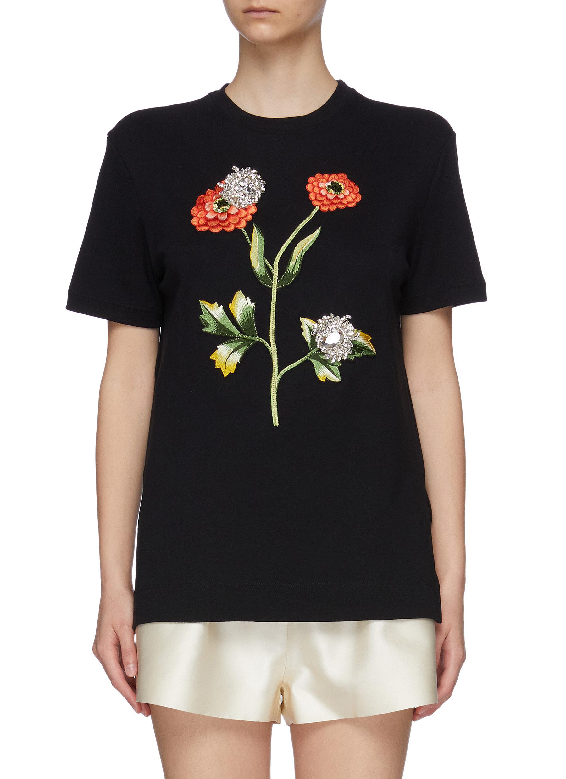 Oscar De La Renta Floral Embroidered Crewneck Cotton T Shirt Women Lane Crawford