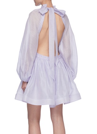 Back View - Click To Enlarge - ZIMMERMANN - 'Luminous' Open Back Frill Collar Blouson Sleeve Linen Silk Blend Mini Dress