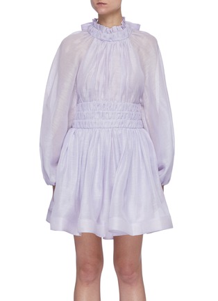 Main View - Click To Enlarge - ZIMMERMANN - 'Luminous' Open Back Frill Collar Blouson Sleeve Linen Silk Blend Mini Dress