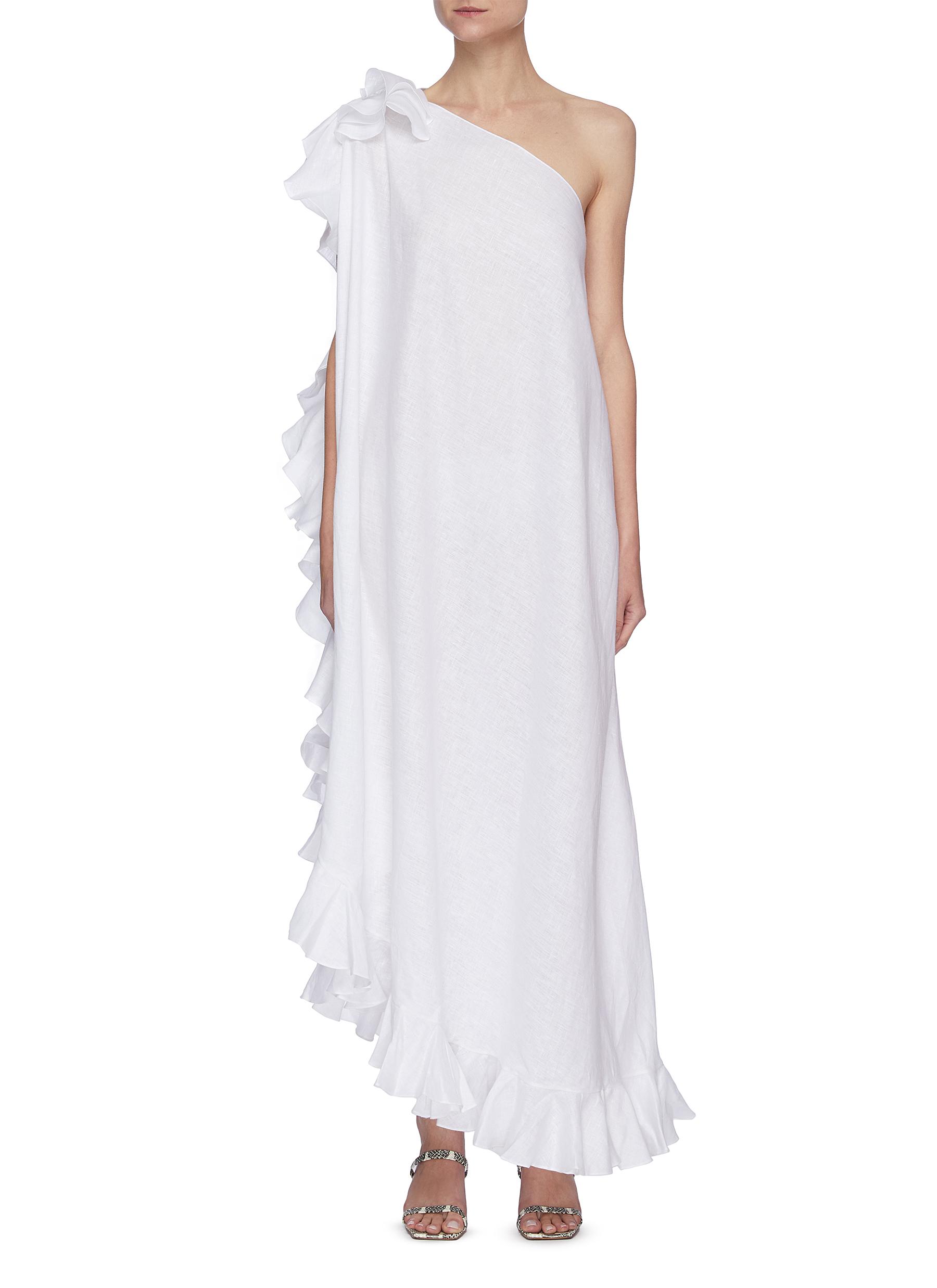 'Lotus' One-shoulder Ruffled Trim Linen Maxi Dress