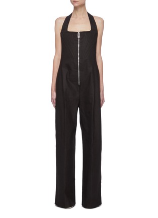 Main View - Click To Enlarge - BOTTEGA VENETA - Front zip sleeveless gather linen jumpsuit