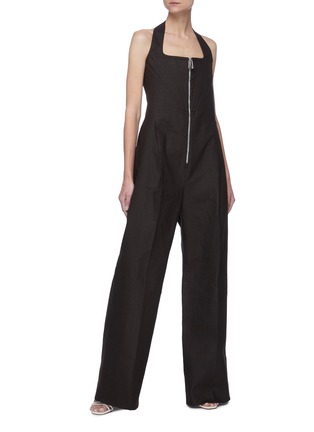 Figure View - Click To Enlarge - BOTTEGA VENETA - Front zip sleeveless gather linen jumpsuit