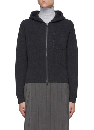 Main View - Click To Enlarge - BRUNELLO CUCINELLI - Rhinestone Trimmed Patch Pocket Hooded Cashmere Rib Jacket