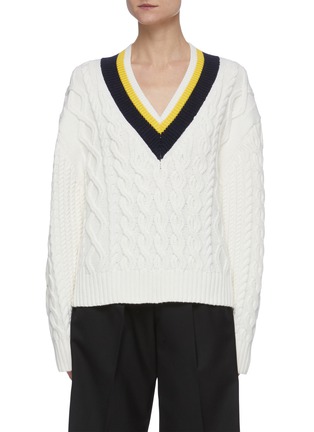 Main View - Click To Enlarge - VICTORIA, VICTORIA BECKHAM - Contrast V-neck Cable Knit Sweater