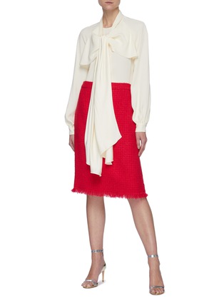 Figure View - Click To Enlarge - OSCAR DE LA RENTA - Fringe Edge Mid Waist Tweed Pencil Skirt