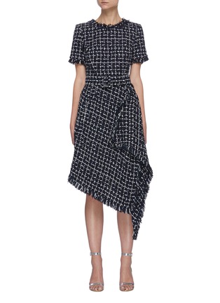 Main View - Click To Enlarge Main View - Click To Enlarge - OSCAR DE LA RENTA - Belted Asymmetric Drape Hem Check Tweed Dress