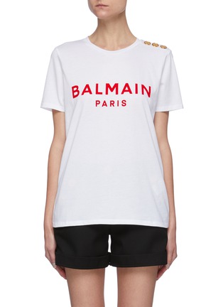 Main View - Click To Enlarge - BALMAIN - Triple button shoulder detail logo print T-shirt