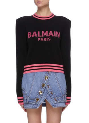 Main View - Click To Enlarge - BALMAIN - Logo intarsia shoulder pad sweater