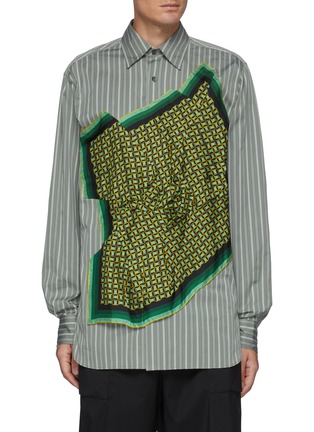 Main View - Click To Enlarge - DRIES VAN NOTEN - Cannon' Front Silk Scarf Patchwork Striped Cotton Shirt