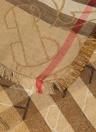 Detail View - Click To Enlarge - BURBERRY - Overlap Monogram Plaid Check Eyelash Fringe silk-wool blend Scarf