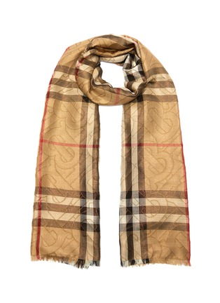 Main View - Click To Enlarge - BURBERRY - Overlap Monogram Plaid Check Eyelash Fringe silk-wool blend Scarf