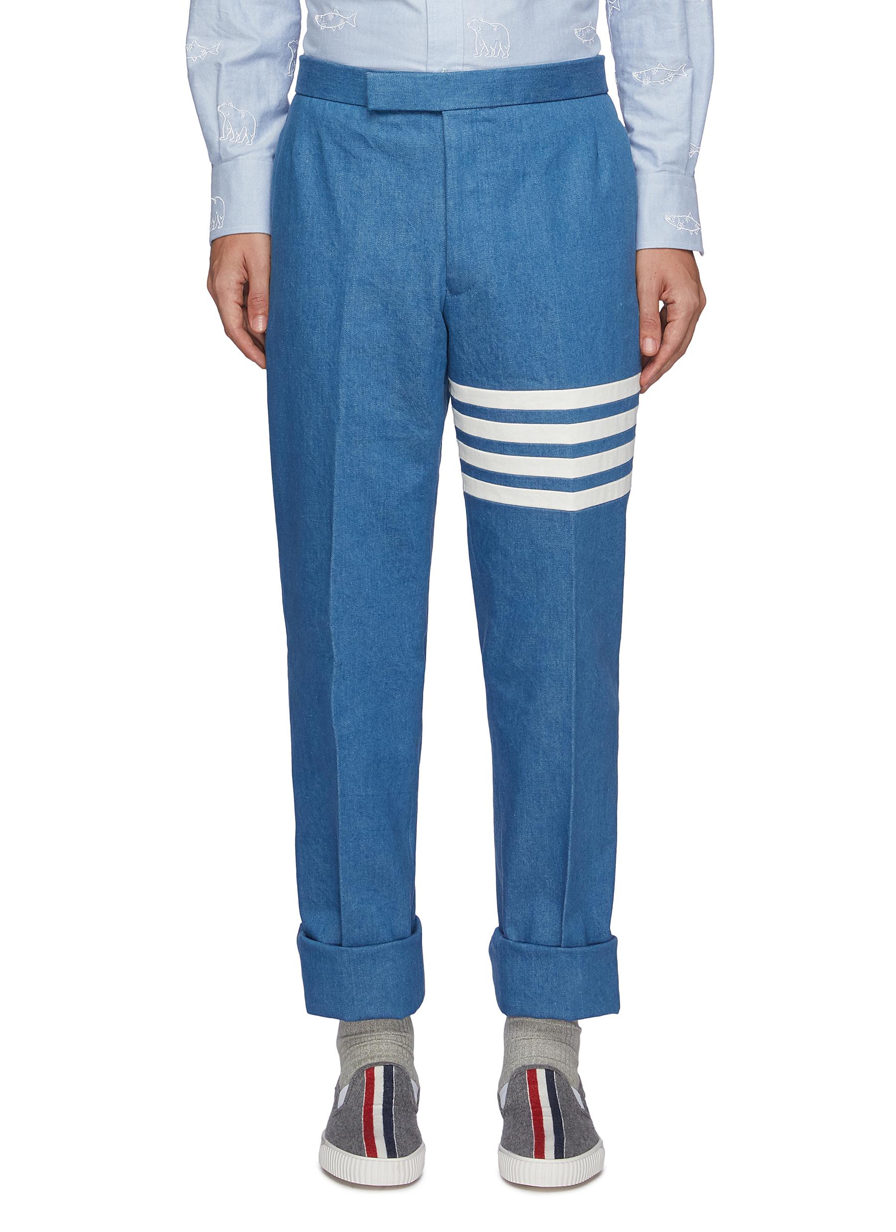 Shop Thom Browne Striped Leg Rolled Up Washed Denim Trousers In Blue