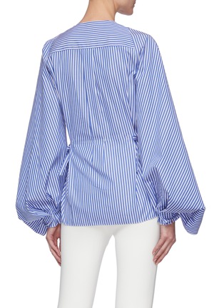 Back View - Click To Enlarge - ROLAND MOURET - 'Golding' Drape Sleeve Cinch Waist Collarless Stripe Cotton Blend Shirt