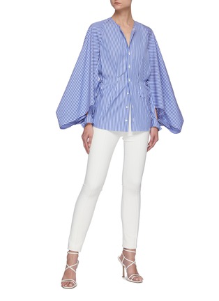 Figure View - Click To Enlarge - ROLAND MOURET - 'Golding' Drape Sleeve Cinch Waist Collarless Stripe Cotton Blend Shirt