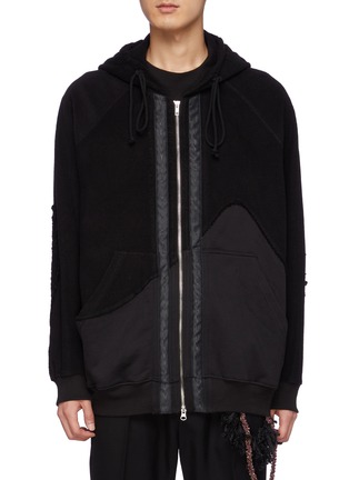 Main View - Click To Enlarge - SONG FOR THE MUTE - Mountain Shaped Patch Fringe Trimmed Zip Up Hoodie